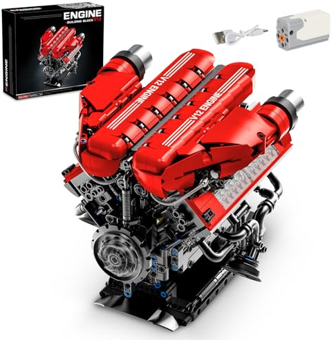 BseSparklion V12 Engine Model Kit That Runs, 12-Cylinder Sports Car Engine Building Set with Rechargeable Motor, Compatible with Lego for Adults, Engineering Construction STEM Toy for Teens (1607 PCS)