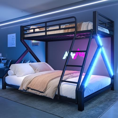 NovaFurnish 90 x 200 cm, 140 x 200 cm, letto a castello, telaio in ferro, lettino per bambini, con striscia luminosa a LED, ringhiera di sicurezza, scaletta, senza materasso, nero