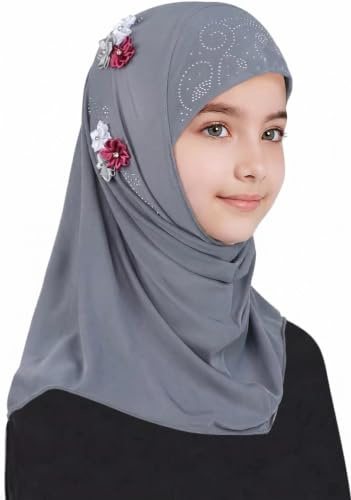 SIQITECH Hijab à Enfiler avec Fleurs Fille Bonnet Islamique Enfant | Polyester léger. Pour enfant fille 2-6 ans. Motifs floraux. Anti-UV. Coupe à enfiler sans épingles. Pour été et extérieur.