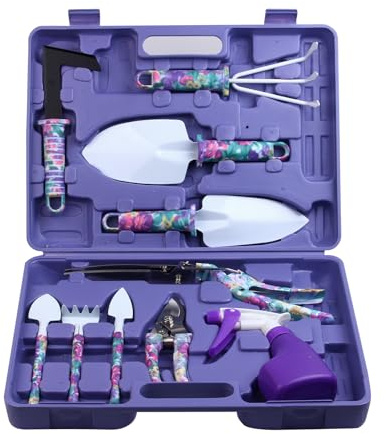 Garden Tools Set, JUMPHIGH 10 Pieces Gardening Tools with Floral Print, Ergonomic Handle Trowel Rake Weeder Pruner Shears Sprayer, Garden Hand Tools with Carrying Case Gardening Gifts for Women Father