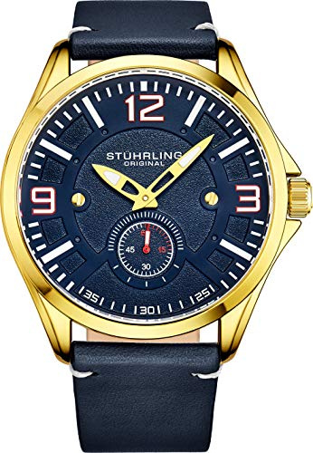 Stuhrling Original Aviator Herrenuhr - Strukturierte analoge Zifferblattuhr in Schwarz, Zifferblatt in Sekundenschnelle, lässiges genähtes Lederband, 3934 Mens Watches Collection (Gold)