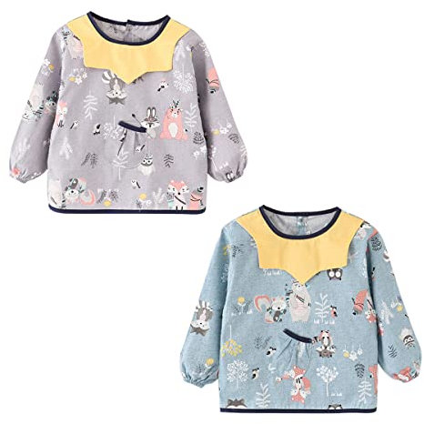 DEBAIJIA Baby Lätzchen Kleinkind WasserdichteKinder Schürze Langarm Ärmellätzchen Cartoon Fütterung Malerei Jungen Kunst (15-Blau)