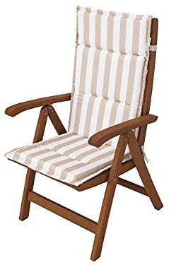 PillowPrim Sesselauflage für Hochlehner - Kissen für Sessel, Gartenliege- Sitz abmessung - 45x45 cm Hoher Rücken 69 cm, Gartenkissen Polster - Ecru mit Streifen