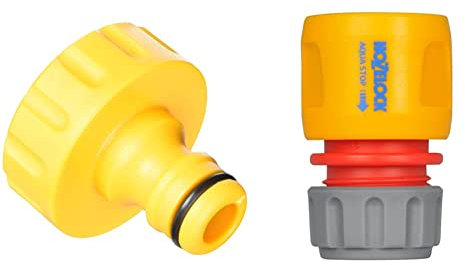 Hozelock 2158P9000 1 33.3mm Outdoor Threaded Tap Connector, Black, Orange, White & 2185P9000 AquaStop Connector (12.5mm & 15mm), Grey, Orange, Red