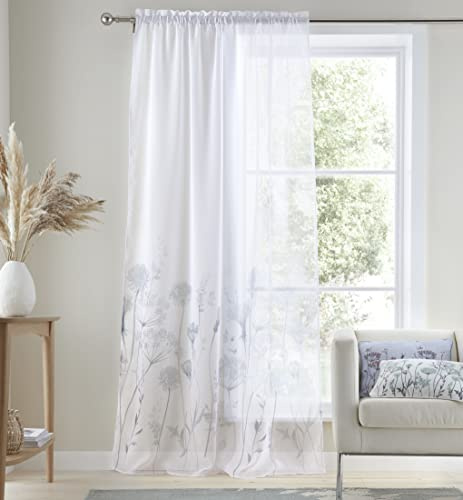 Catherine Lansfield Meadowsweet Tende in voile con passanti e motivo floreale, colore: Bianco