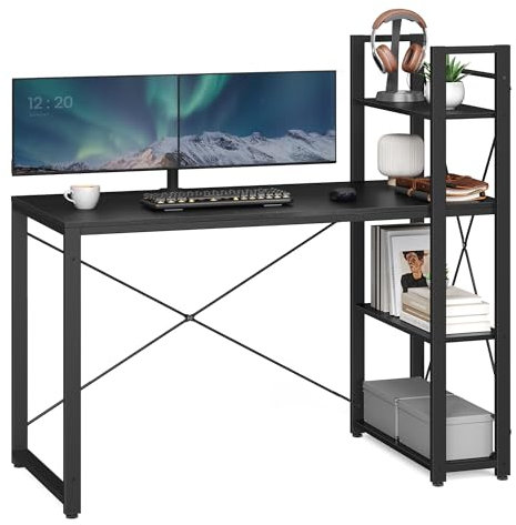 VASAGLE Bureau avec Étagères Réversible à Gauche ou à Droite, Longueur 120 cm, Table d'Ordinateur, pour Bureau à Domicile, Montage Facile, Noir Boisé LWD048B56