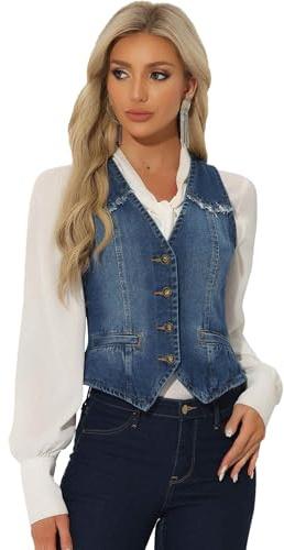 Allegra K Denim Vest for Women's Sleeveless V Neck Washed Distressed Y2K Jean Waistcoat Jacket Medium Dark Blue