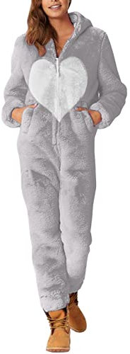 Grenouillère en Peluche pour Femme Pyjama Femme d' Hiver Combinaison avec Fermeture Éclair Vêtement de Nuit en Peluche en Polaire Noël Costume Zipper à Capuche