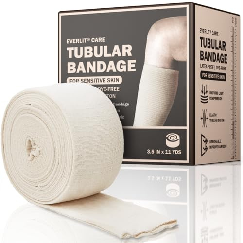 EVERLIT 560D Cotton Blend Elasticated Tubular Support Bandage | Latex-Free, Breathable Stockinette for Arm, Knees, Legs | Moderate to High Compression for Sensitive Skin (Size E | 3.5 x 11 yd)