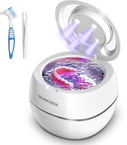 SEANCHEER Ultrasonic Cleaner | 48kHz | 24W | 180ML | Ultrasonic Retainer Cleaner Machine with U-V Light for | Retainer | Aligner | Denture | Night Guard | Jewelry | (White)
