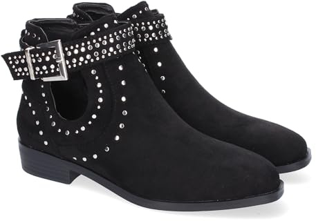 Bottines pour femme, confortables et élégantes, design moderne avec clous décoratifs avec fermeture pratique à boucle en option, jour après jour., Noir , 36 EU