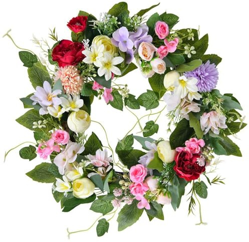 Frühlingskranz für die Haustür, 40 cm Sommerkranz, Großer Künstlicher Türkranz, Frühlings Bunter Blumen Kranz mit Grünen Blättern für Haustür, Außen, Fensterdekoration