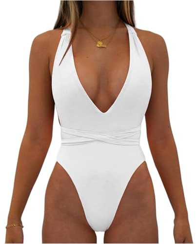 Costume Intero Donna Contenitivo Pancia Push Up Costume Interi Beach Vita Alta Mestruale Trikini Piscina Bikini 2025 Beachwear Monokini Sexy con Scollo a V Bianco M