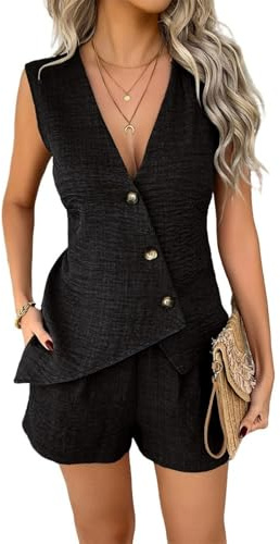Générique Ensemble Short Femme Chic et Elegant, Ensemble Short et Débardeur Femme, Gilet de Costume d'été Sans Manches à Col en V et Boutons, Affaires, Travail, Loisirs, Léger et Respirant (Black,S)