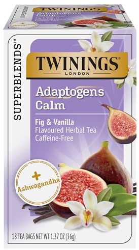 Twinings Superblends Adaptogens Calm with Ashwagandha Fig & Vanilla Flavoured Herbal Tea Caffeine-Free, 18 Tea Bags (Pack of 1), Enjoy Hot or Iced