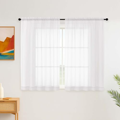 Simplebrand Weiße Transparente Vorhänge für das Schlafzimmer 150 x 122 cm 2 Paneele, Kurze durchsichtige Küchenvorhänge, Stufengardinen mit Stangentasche, Café-Stil für Badezimmer und Kleine Fenster