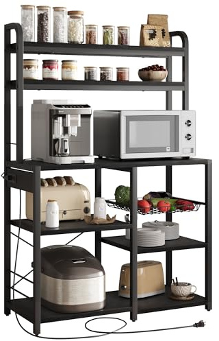 Garvee Estantería Cocina Mueble para Microondas con Socket, Varias Particiones para Suministros de Cocina, Color Negro, Dimensiones 90×40×150 cm