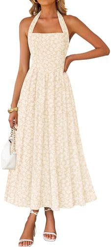 ZESICA Women's Summer Sleeveless Floral Maxi Dresses 2026 Halter Neck Flowy A Line Formal Cocktail Wedding Guest Long Dress Apricot Medium