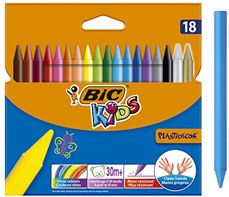 BIC Kids Plastidecor Colouring Crayons - Assorted Colours, Cardboard Wallet of 18