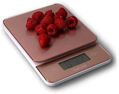Taylor Balanza Digital de Vidrio de Cocina, Moderna, Compacta, Pesa los Alimentos con Precisión y Función de Peso con Tara, Oro Rosa, 5 kg de Capacidad