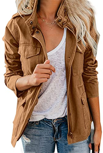 chouyatou Women's Fall Stand Collar Zip Up Military Cotton Utility Safari Jacket (Large, Brown)