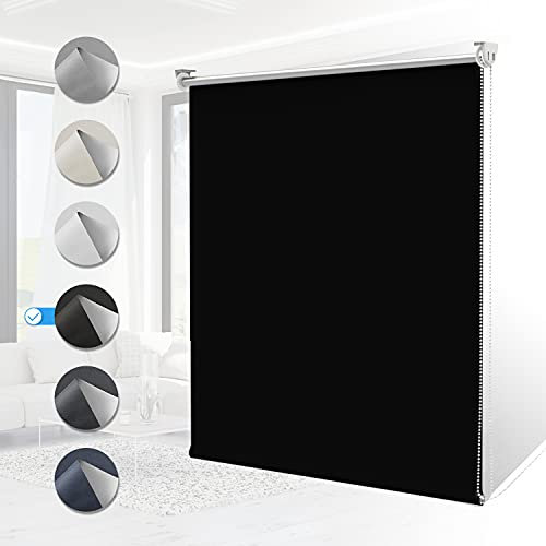 Verdunklungsrollo ohne Bohren Rollos für Fenster B50 x H230 cm (Stoffbreite 45cm) Schwarz Thermo Rollo Klemmfix Verdunkelungsrollo Seitenzugrollo Sicht-und Sonnenschutz Wandmontage