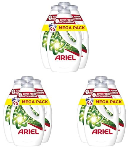 Ariel Detergente Lavadora Liquido, 96 Lavados (4x24), Jabon Quitamanchas, Mas Poder Extra Quitamanchas, Limpieza Profunda (Paquete de 3)