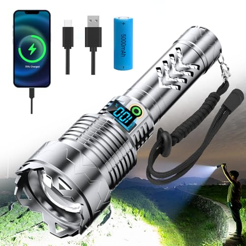 SIDARK Extrem Hell Taschenlampe 50,000 Lumen, Taschenlampe LED Aufladbar 5 Modi Taktische Zoombare, Starke Taschenlampen IPX7 Wasserdicht Flashlight für Outdoor Camping Notfäll-Silber