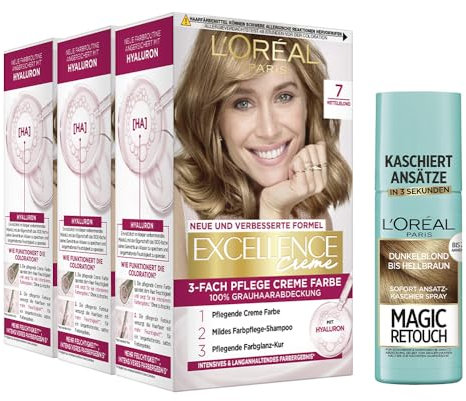 L'Oréal Paris Haarfärbe- und Ansatz-Kaschierset, 3x Permanente Haarfarbe Excellence Creme, Nr. 7 Mittelblond und 1x Ansatz-Kaschierspray Magic Retouch, Dunkelblond-Hellbraun, [Amazon Exclusive Set]