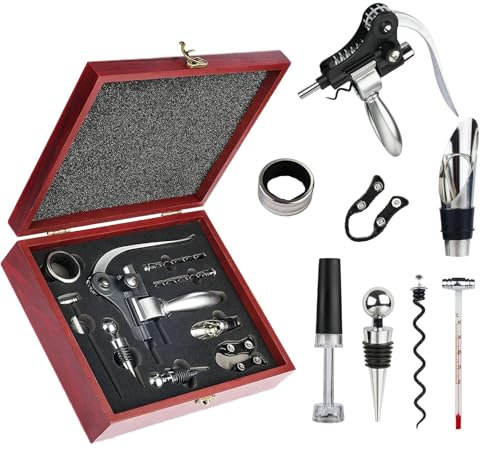 CorkScrew Wine Opener Set with Stainless Steel Accessories in Nice Wood Box for Women & Men