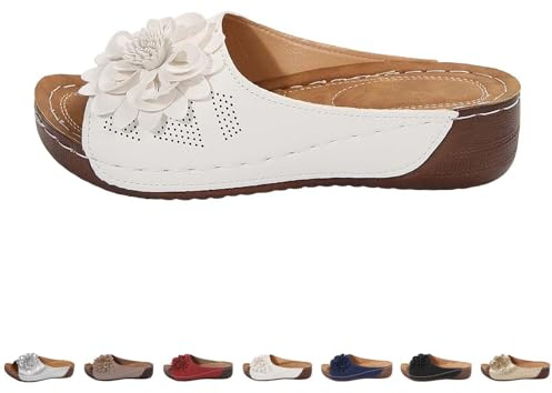 Generisch Zapatillas de estar por casa para mujer, sandalias de verano, elegantes, vintage, para el tiempo libre, cuña con tacón con plantilla, sandalias ligeras de playa, Blanco, 37 EU