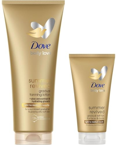 Dove Kit di Lozioni Autoabbronzanti Summer Revived, Per Viso e Corpo, Pelli Chiare e Medie, Abbronzatura Graduale, Pelle Luminosa, 72H di Idratazione, Con Aloe Vera, 1x 200ml + 1x 75ml