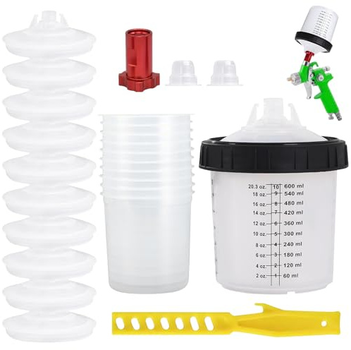 Färgblandningskoppssats, färgsprutpistolkopp set 600 ml färgblandningskopp färgsprutpistol blandningskopp lackeringstillbehör med 10 koppar och locksystem, 2 kontakter, hård kopp med hållare