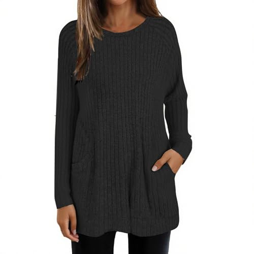 Maglione lungo da donna, casual, per leggings, oversize, maglione elegante e lungo con tasche, tinta unita, a maniche lunghe, per l'inverno, vestibilità comoda, lavorato a maglia, Nero , 3XL