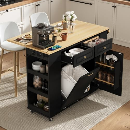 YEHTOKHOME Îlot Central Cuisine avec Station de Charge, Desserte de Cuisine avec Plans de Travail Rabattable, 2 Tiroirs et Portes, Poubelle Intégrée, Étagère Latérale (B-Noir)