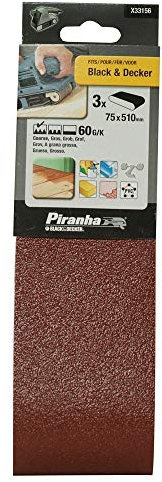Black+Decker X33156-XJ - 3 Bandas de lija. 75 x 510 mm. Grano 60. Madera, pintura, barniz, yeso, metal y plástico. Larga Duración.