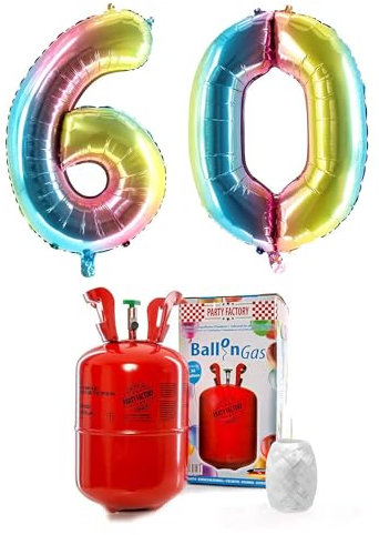 PARTY FACTORY Helium Set 60 mit XXL Zahlenballons, Ballongas und Ballonschnur - für Geburtstag, Jubiläum, Jahrestag; Gold, Silber, Schwarz, Pink, Rosa, Rosagold, Bunt (Regenbogen)