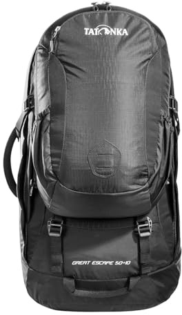Tatonka Great Escape 50+10 - Reiserucksack mit großer Kofferöffnung, extra Rucksack (10l) und abdeckbarem Tragesystem - 60 Liter - 64 x 30 x 18 cm - Black