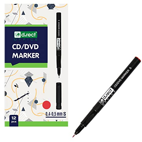 D.RECT Set di 12 pennarelli per CD DVD, 0,4 – 0,5 mm, indelebile da dipingere, vetro, plastica, pellicola, rosso