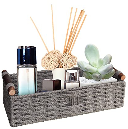 Round Paper Rope Storage Basket Wicker Baskets for Organizing with Handle Decorative Storage Bins for Countertop Toilet Paper Basket for Toilet Tank Top Small Baskets Set,Grey