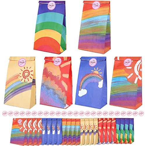 Romon Sacchetti Regalo Carta Kraft,24 Pezzi Arcobaleno Sacchetti di Carta Con 24 Adesivi,Sacchetti Confetti Sacchettini Compleanno Bambini per Matrimoni, Compleanni, Natale, Halloween, Feste