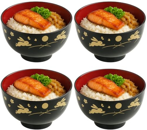 JapanBargain 2989 - Cuencos japoneses de plástico para sopa, patrón de conejo y luna, cuencos de arroz y cereales de 4.25 pulgadas, acabado lacado, fabricado en Japón, paquete de 4