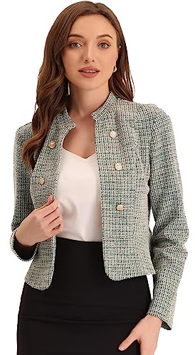 Allegra K Vintage Tweed Jackets for Women's Stand Collar Business Open Front Cropped Blazer Jacket Large Beige