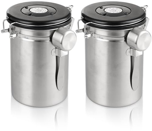 SENENQU 2 Pack 1800ml Airtight Coffee Storage Container, 22oz / 623g Stainless Steel Canister with Date Tracker & Measuring Spoon & CO2 Valve, Kitchen Storage Jar for Beans Nuts Powder