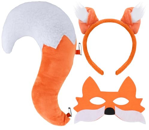 XEPST Tier Fuchs Kostüm Set, Fuchsohren und Schwanz Set mit Fuchs Stirnband Fuchsschwanz Fuchs Maske für Tierkostüm Cosplay Geburtstagsparty Zubehör Halloween Kostüm Kostüm Partyzubehör