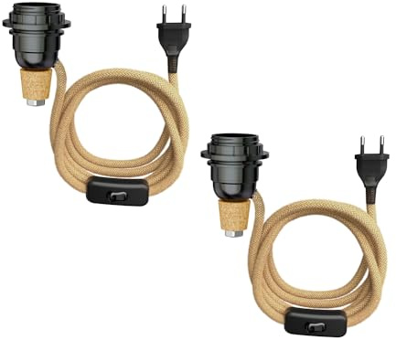 ledscom.de 2 pzas. lámpara de mesa lámpara de corcho FLAKO con interruptor y cable textil, cáñamo, beige-natural, 1x E27 máx. 60W, sin botella, sin bombilla