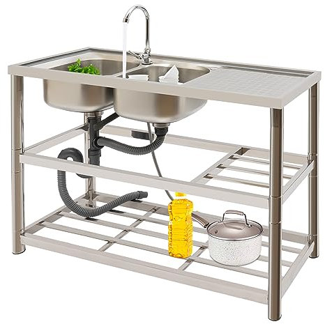 BJTDLLX Edelstahl Spüle mit unterschrank Küchenspüle Doppelbecken Deluxe Spültisch, 120x45x80cm Freistehende Spülbecken Gewerbliche mit Abflusseinheit & Wasserhahn, Komplettes Set