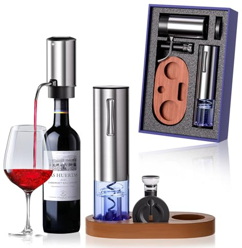 Rechargeable Electric Wine Opener 5-In-1 Set, Stainless Steel Automatic Wine Opener with Electric Wine Aerator, Foil Cutter, Wine Stopper & Base, Elegant Gift Box for Birthday, Housewarming, Christmas