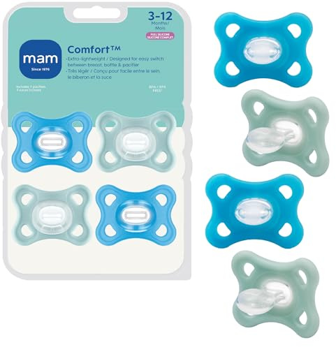 MAM Comfort Baby Pacifiers 3-12 Months Babies, Lightweight One-Piece Full Silicone Binky, BPA-Free Nipple, Easy to Clean Pacifier, Best for Breastfed Babies, 4 Count, Made in Europe