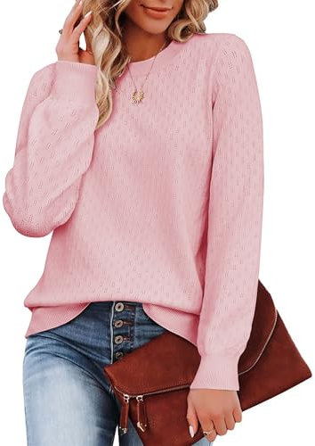 Zeagoo Femme Hiver Élégant Pull Doux et Confortable Côtelé Tricot Encolure Ras du Cou Sweater Manches Longues Chaud Top Rose L